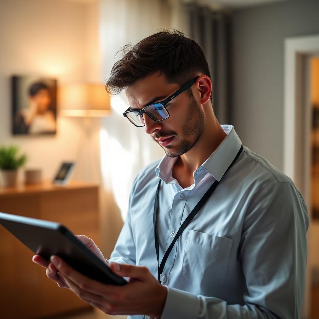 Diagnostiqueur immobilier certifié utilisant sa tablette lors d'une visite technique