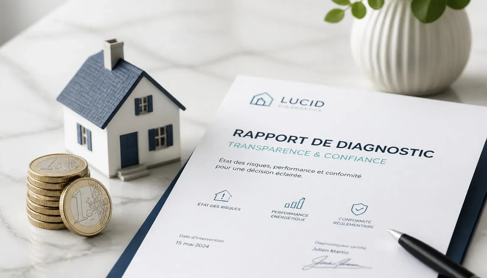 Rapport de diagnostic immobilier certifié posé sur un bureau avec pièces en euros — transparence tarifaire